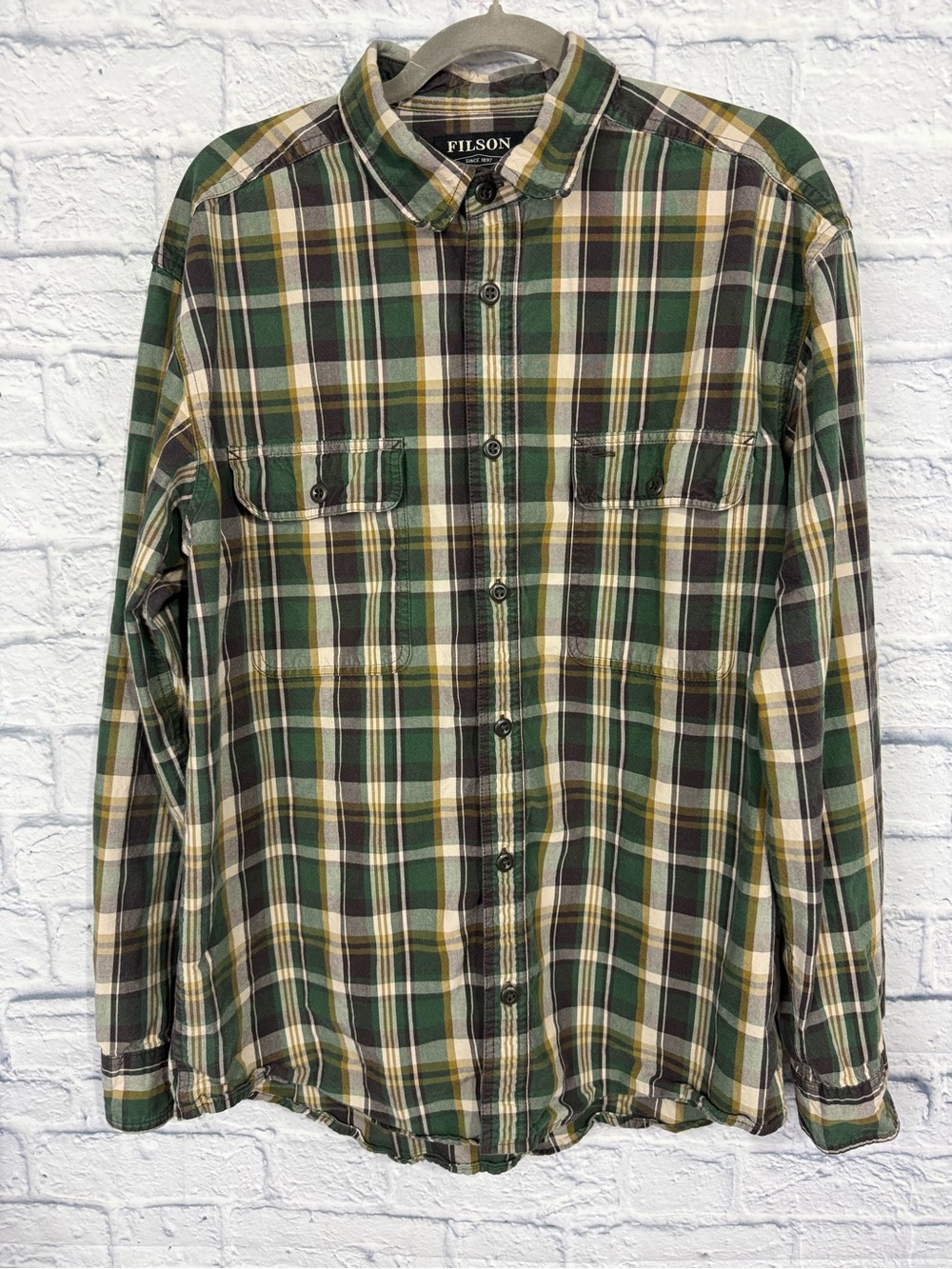 Filson Men's Green & Brown Heritage Button-Up Shirt, Size Large